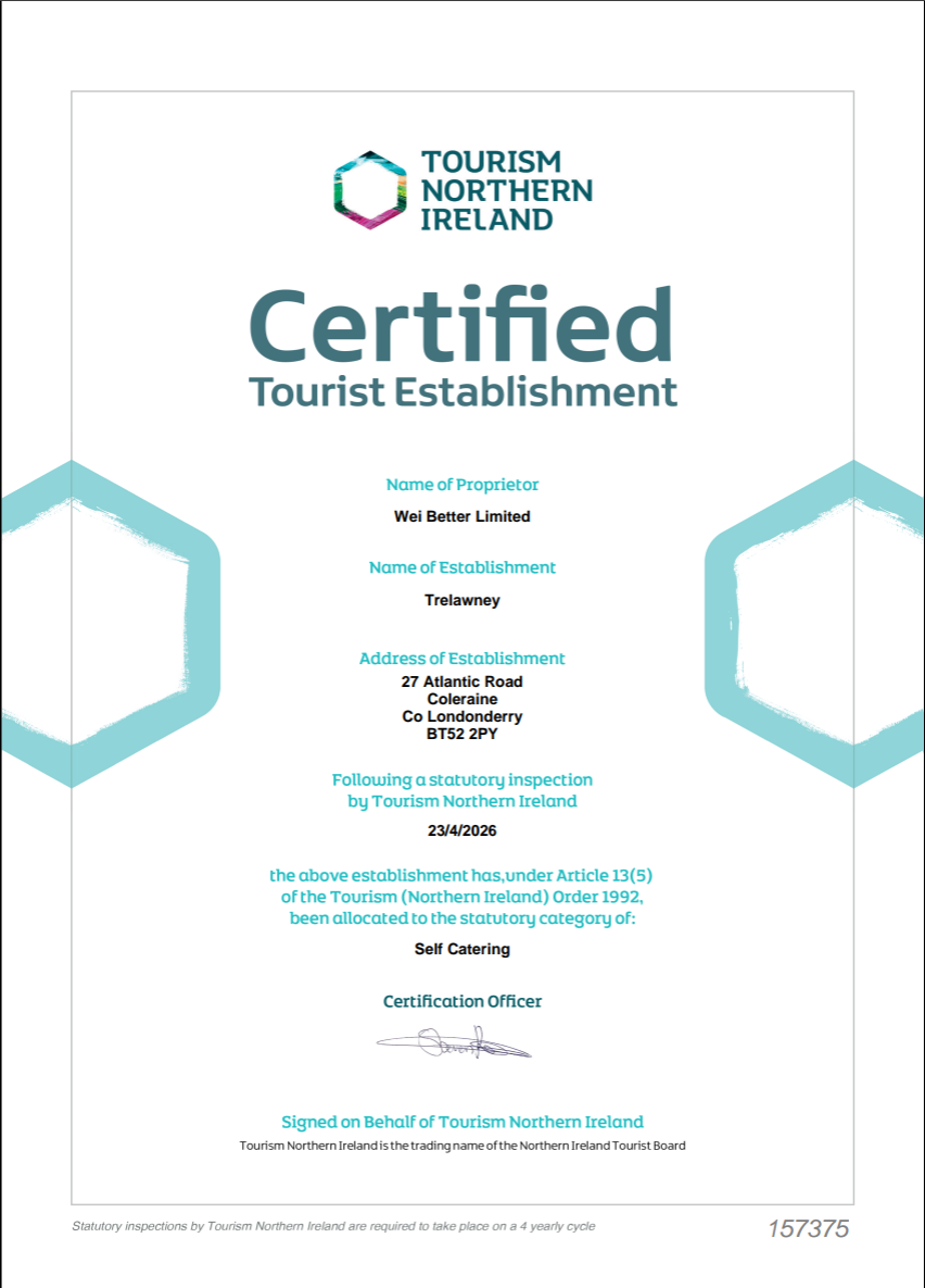 Tourism Northern Ireland Certified Tourist Establishment certificate for Trelawney